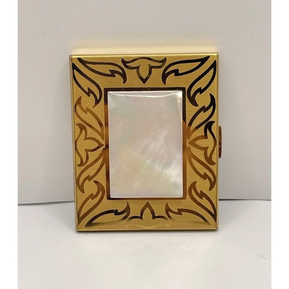 Vintage Elgin American Gold Tone‎ Etched Makeup Compact Mirror Mother Of Pearl